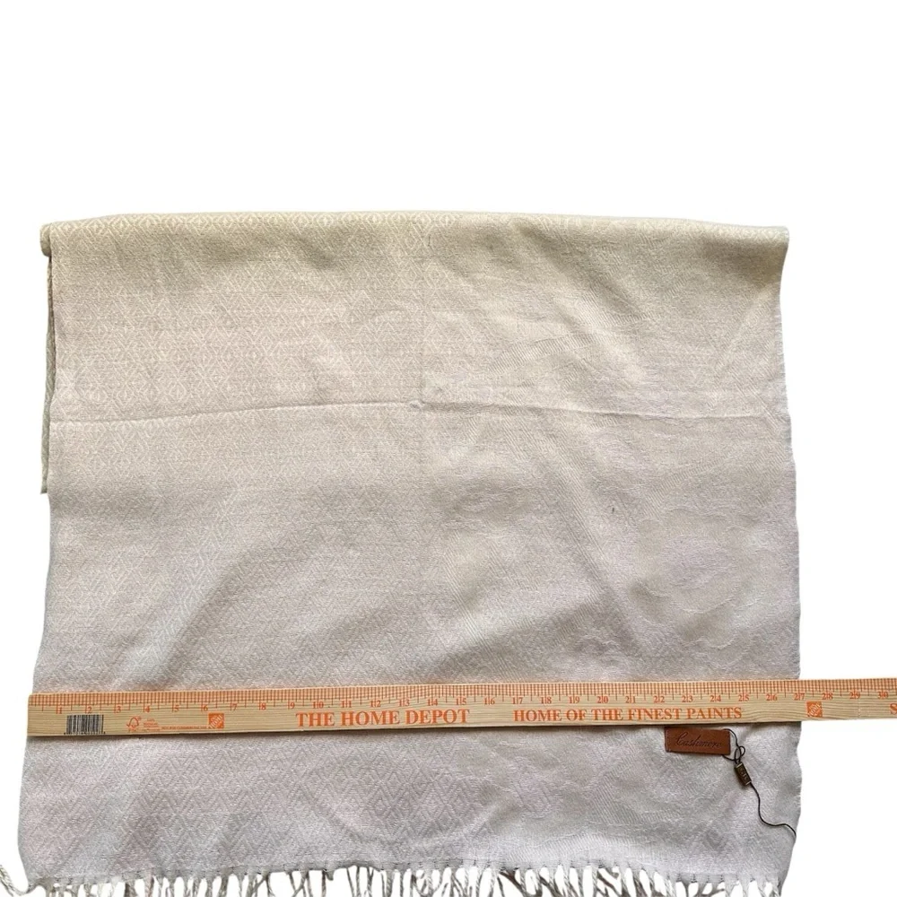 Cashmere Reversible Scarf Beige Tan Floral Jacquard Fringe Wrap